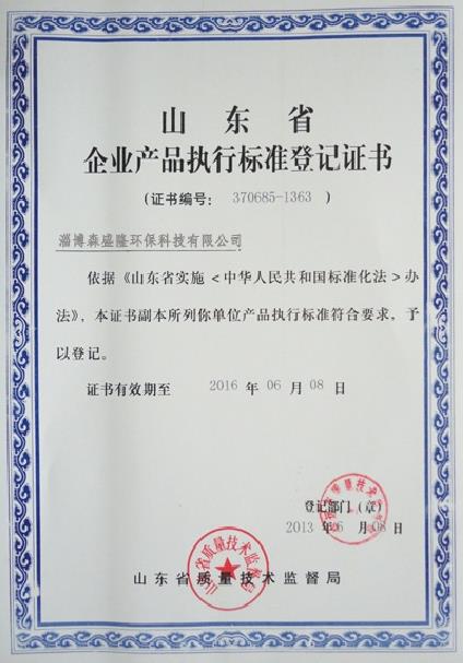 山东省企业标准登记执行证书